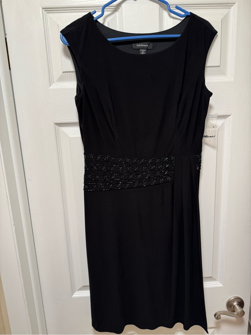 R&M Richards Black Beaded Waist Midi Dress — Sleeveless Elegant Fit